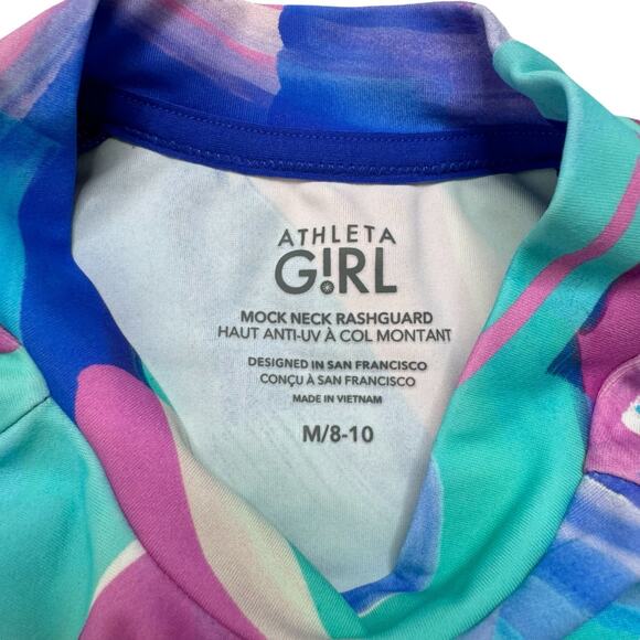 ATHLETA GIRL Mock Neck Rashguard Green Blue Pink Short Sleeve Size Medium 8-10 - Picture 3 of 5